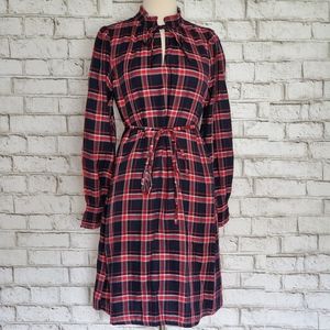 Ann Taylor Loft Red and Blue Plaid Long Sleeve High Neck Lightweight Shirt Dress